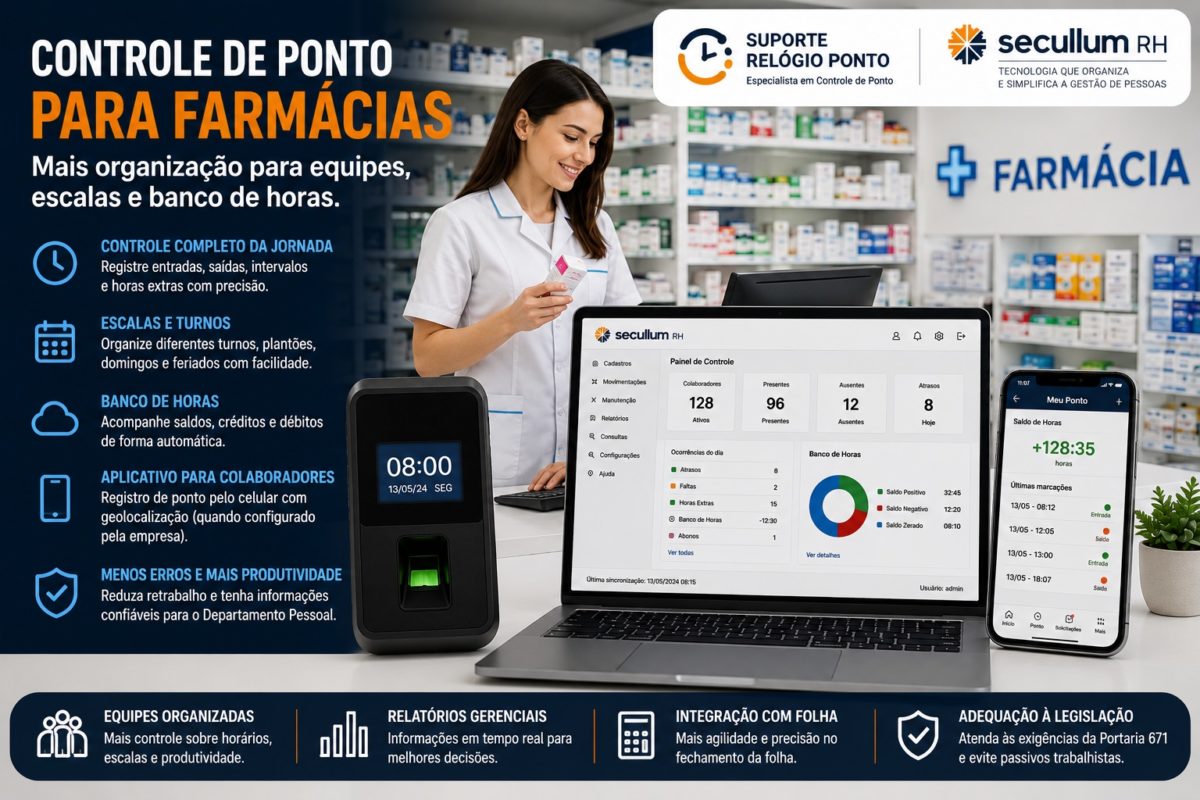 Controle de ponto para farmácias com relógio ponto e Secullum RH