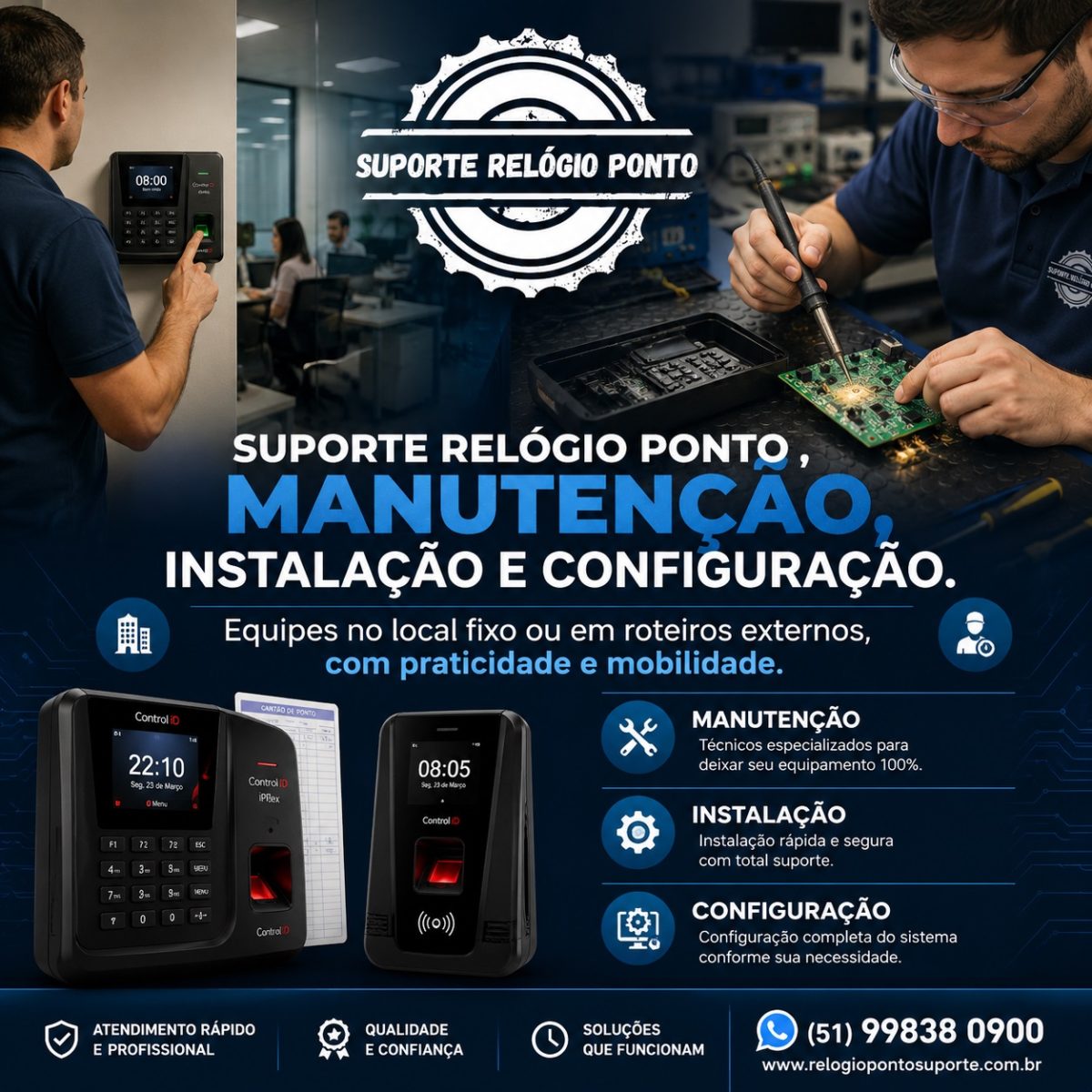 tecnico efetuando manuencao em relogio de ponto biometrico e cartografico