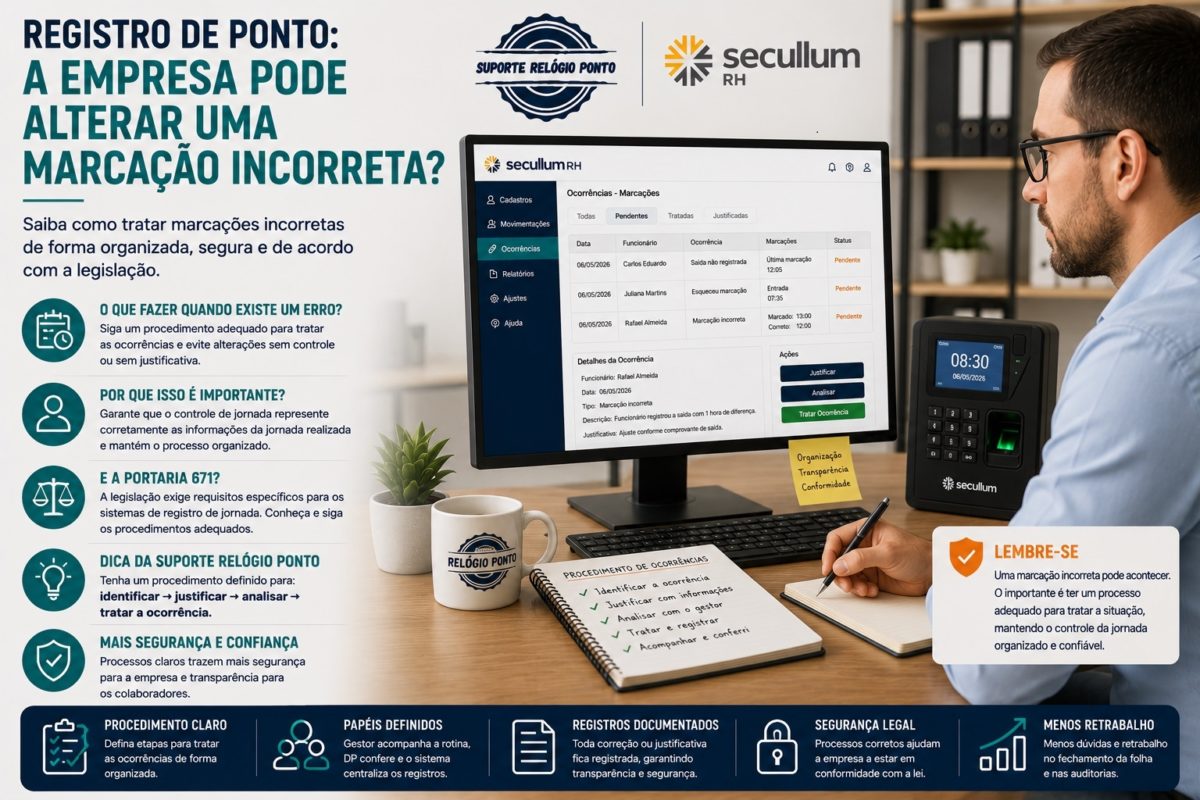 Responsável pelo Departamento Pessoal analisando uma marcação incorreta no sistema de controle de ponto