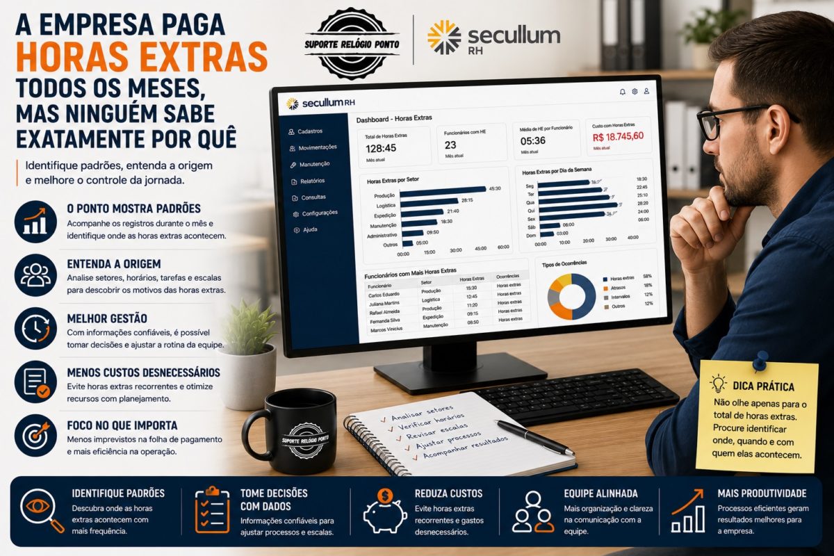 Gestor analisando relatório de horas extras por setor no controle de ponto