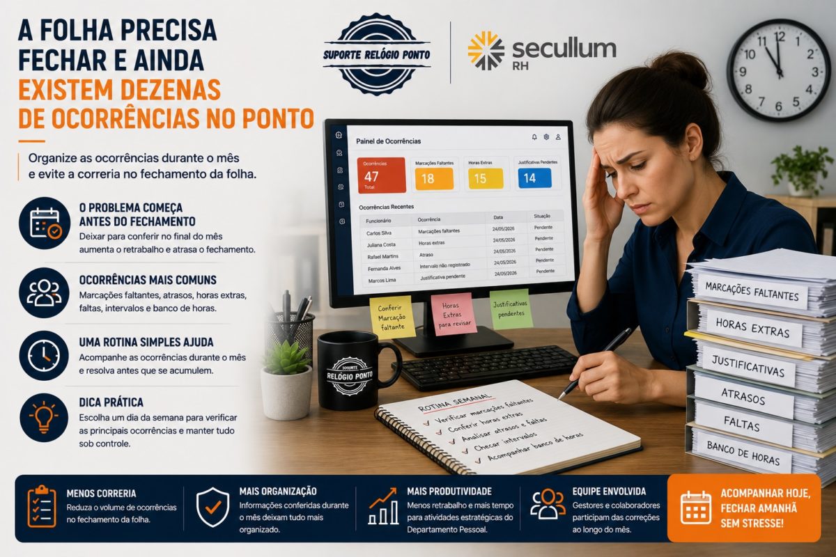 Profissional do Departamento Pessoal conferindo ocorrências no controle de ponto