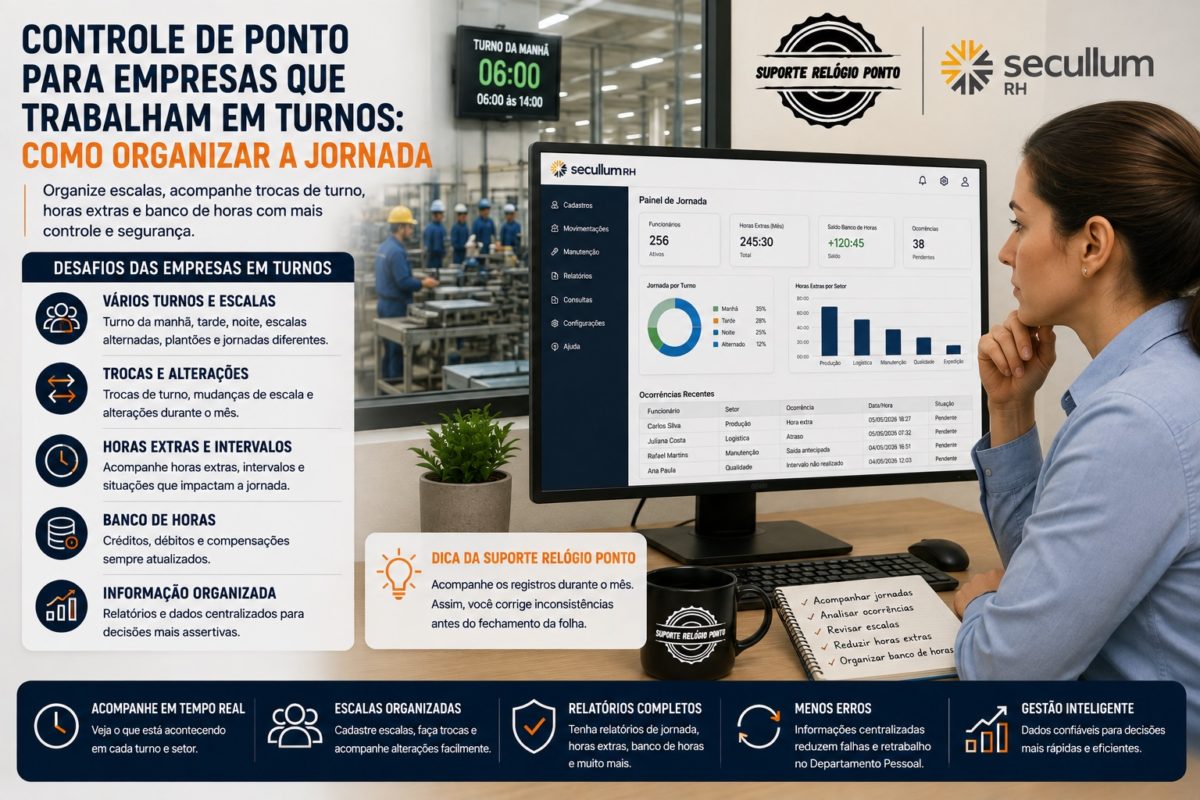 Gestora acompanhando funcionários em diferentes turnos no controle de jornada