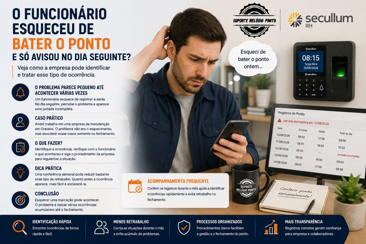 Funcionário conferindo registro de ponto após esquecer uma marcação