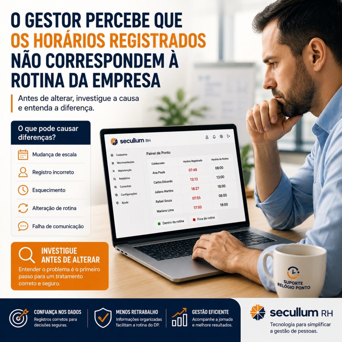 Gestor analisando horários registrados no sistema de controle de ponto