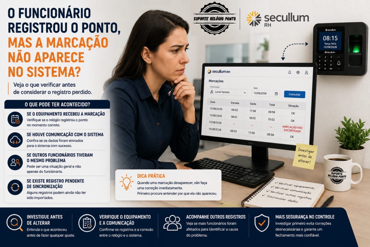 O funcionário bateu o ponto, mas o horário não aparece no sistema