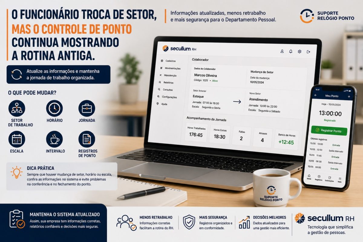 Funcionário mudando de setor e controle de ponto com nova rotina de trabalho